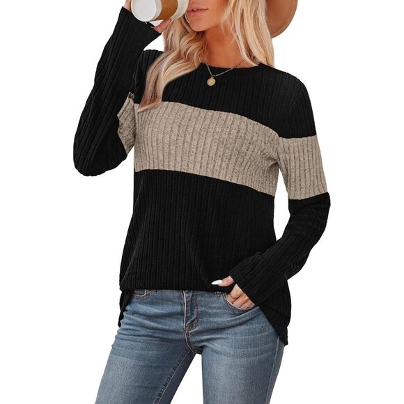 Women’s Trendy Color Block Sweaters Long Sleeve Tops Fall 2025 Winter Fashion - Picture 2 of 5